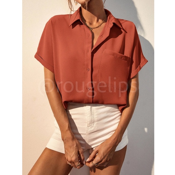 Burnt Orange Casual Button Up / Down Shirt Collar, V-Neck Button Front - Picture 8 of 15